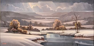 painting of a snowy landscape with a river and trees