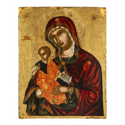 une peinture représentant une femme tenant un enfant dans ses bras