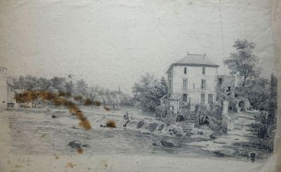 un vieux dessin représentant une rivière avec un bâtiment en arrière-plan