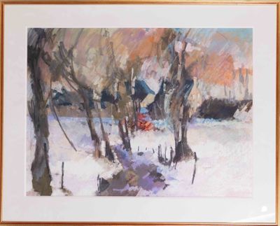 painting of a snowy landscape with trees and a barn in the distance