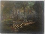 une photo d'un tableau représentant un parc avec un banc