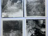 four black and white photographs of a snow covered area with trees