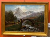un tableau représentant un pont enjambant une rivière, avec une montagne en arrière-plan
