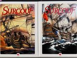 two posters of a pirate ship and a ship in the ocean