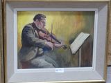 a painting of a man playing a violin in a room