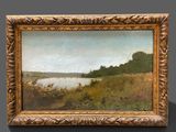 an oil painting of a landscape with a lake and trees
