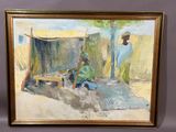 an oil painting of a man standing in front of a tent