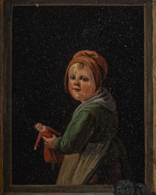 painting of a young girl holding a bird in a window sill