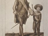 an old drawing of a man and a boy with a cane