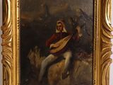painting of a man playing a lute sitting on a rock