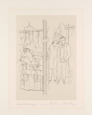 drawing of a man and a woman standing in front of a store