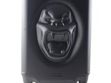 a black suitcase with a black face on it