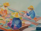 painting of three people in a row boat on a body of water