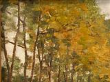 a painting of a man riding a horse in the woods
