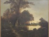 peinture d'un paysage avec une rivière et des arbres au premier plan