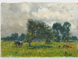 un tableau représentant des vaches paissant dans un champ sous un ciel nuageux