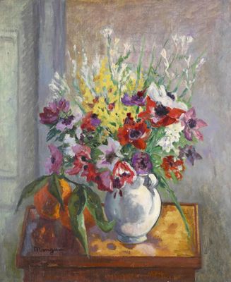 une peinture représentant un vase de fleurs sur une table