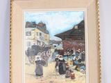 painting of a street scene with people walking and a horse drawn carriage