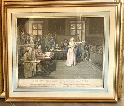 painting of a woman in a white dress standing in front of a group of people