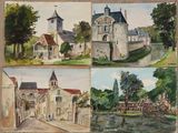 tableaux représentant un village avec une église, une église et un pont