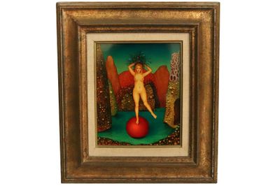 tableau représentant une femme nue debout sur une pomme rouge, dans un cadre doré