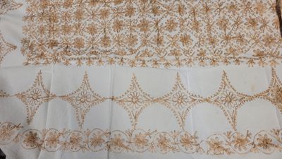 a close up of a table cloth with a pattern on it