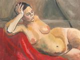 une peinture à l'huile représentant une femme nue allongée sur une couverture rouge