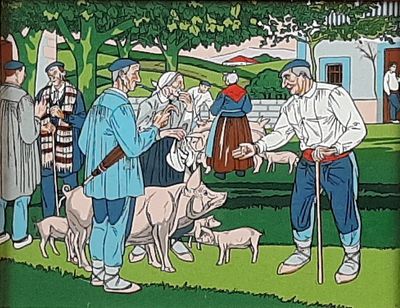 a painting of a man shaking hands with a group of people