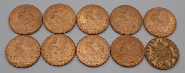 Dix pièces de monnaie en or à valeur faciale de vingt francs (dif...