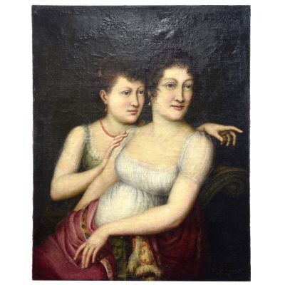 un tableau représentant deux femmes assises sur un canapé, enlacées