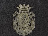 the badge of a royal family crest on a black leather case