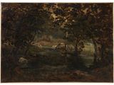 a painting of a wooded landscape with a stream and trees