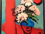 a painting of flowers in a blue vase on a red table