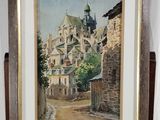 peinture d'une scène de rue avec une église en arrière-plan