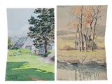 two pictures of a painting of a house and a river