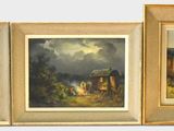 three paintings of a mountain scene with a river in the foreground and trees in the foreground