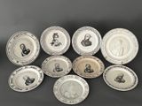 six plates with portraits of people on them on a black background