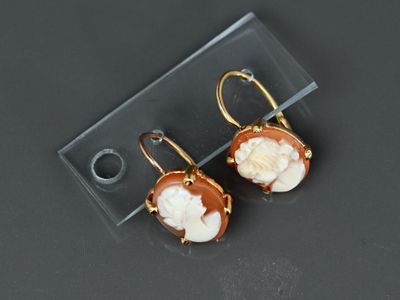paire de boucles d'oreilles en camée sculpté dans de la coquille, montées sur des crochets plaqués or