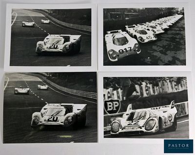 four black and white photographs of racing cars on a race track