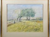une image représentant un tableau où l'on voit deux arbres dans un champ