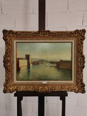 une peinture à l'huile représentant une vue d'un port avec un pont au loin