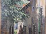 an oil painting of a street in a village with a cat sitting on the sidewalk