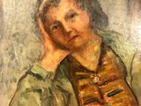 painting of a woman in a green shirt leaning against a wall