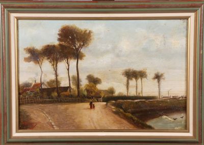 une peinture à l'huile représentant une route de campagne sur laquelle une personne marche