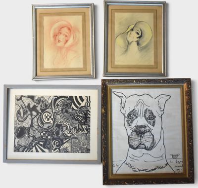 three framed pictures of dogs and a cat on a wall