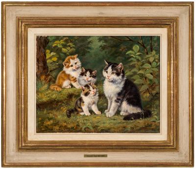 un tableau représentant un groupe de chats assis dans l'herbe