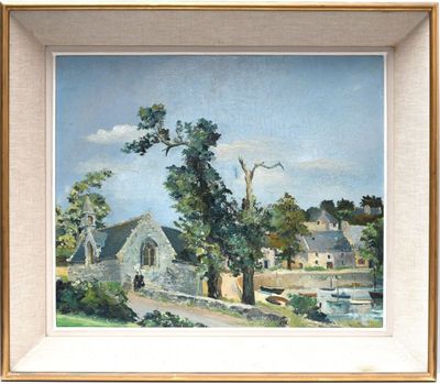 an image of a painting of a village with a church in the background