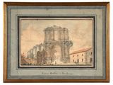 a painting of an old building with a gate and a building in the background