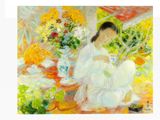 a painting of a woman sitting on a table with flowers
