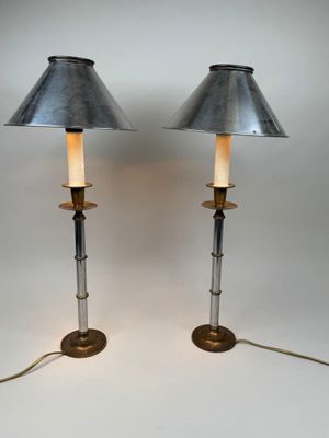 pair of vintage metal and brass table lamps with glass shades